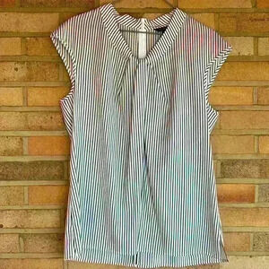 St John cap sleeve black & white striped high collar silk blend top blouse